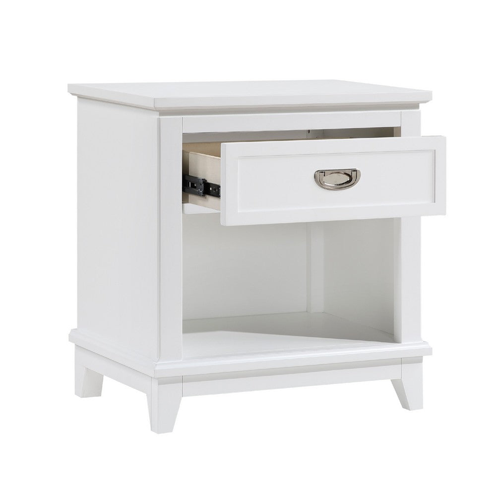 Benjara Sely Nightstand, 1 Drawer w Open Cubby, White Wood, Ring Handle