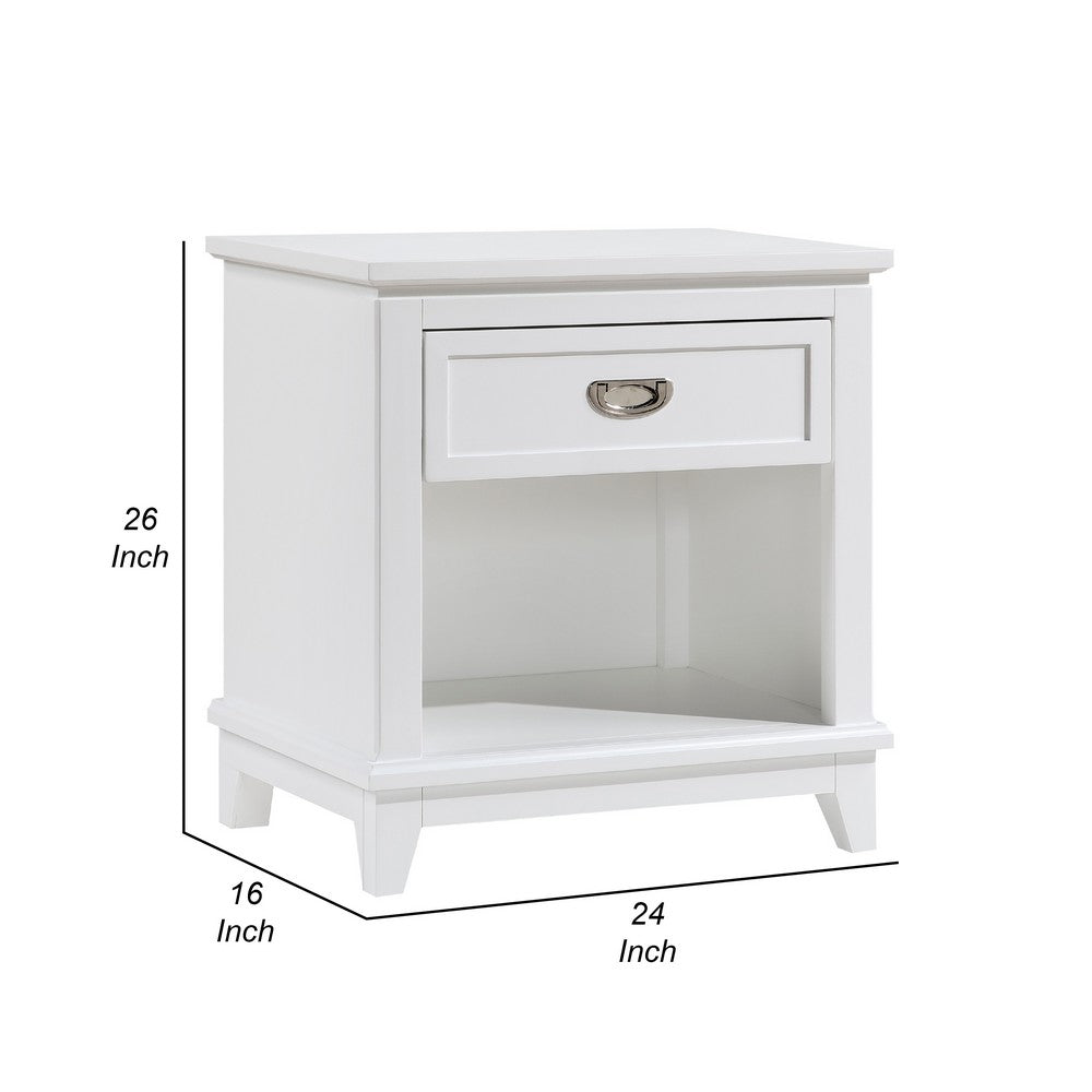 Benjara Sely Nightstand, 1 Drawer w Open Cubby, White Wood, Ring Handle