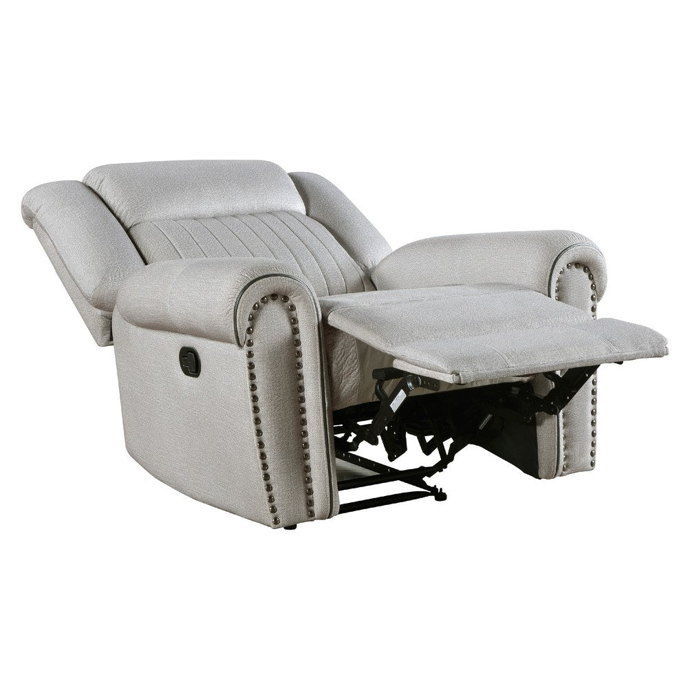 Benjara Ben Manual Reclining Chair, 41 Inch, Gray Microfiber, Nailhead Trims