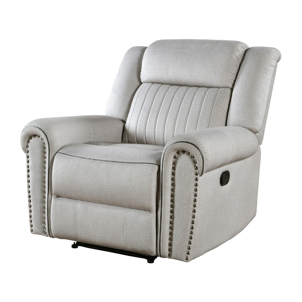Benjara Ben Manual Reclining Chair, 41 Inch, Gray Microfiber, Nailhead Trims