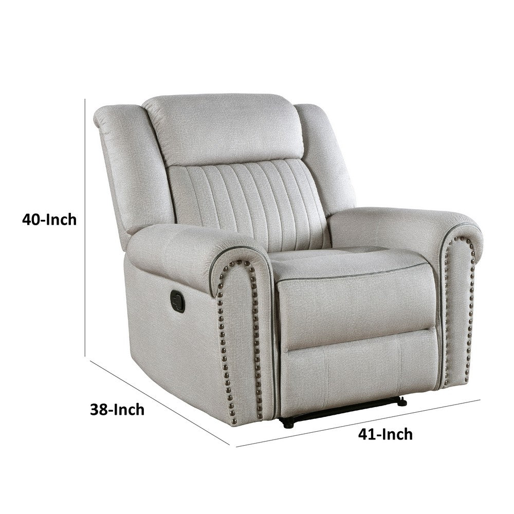Benjara Ben Manual Reclining Chair, 41 Inch, Gray Microfiber, Nailhead Trims
