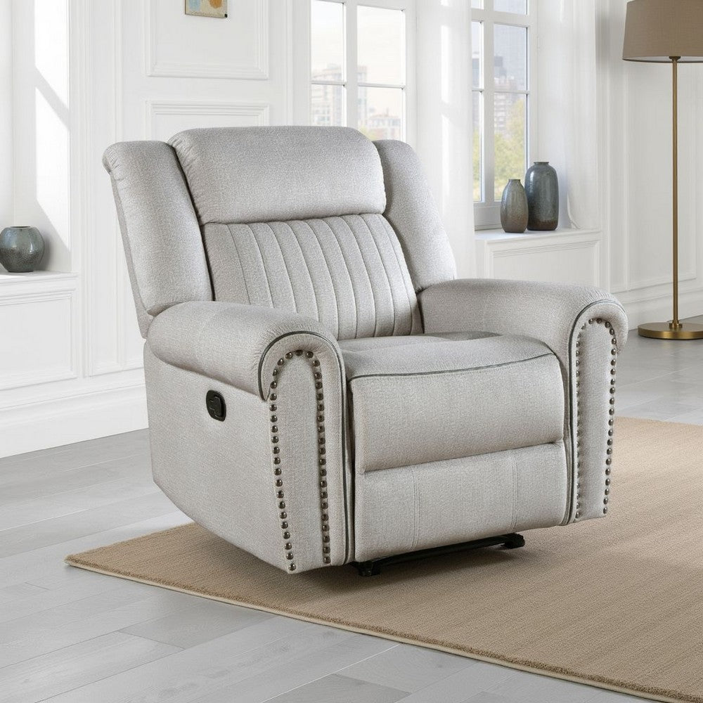Benjara Ben Manual Reclining Chair, 41 Inch, Gray Microfiber, Nailhead Trims