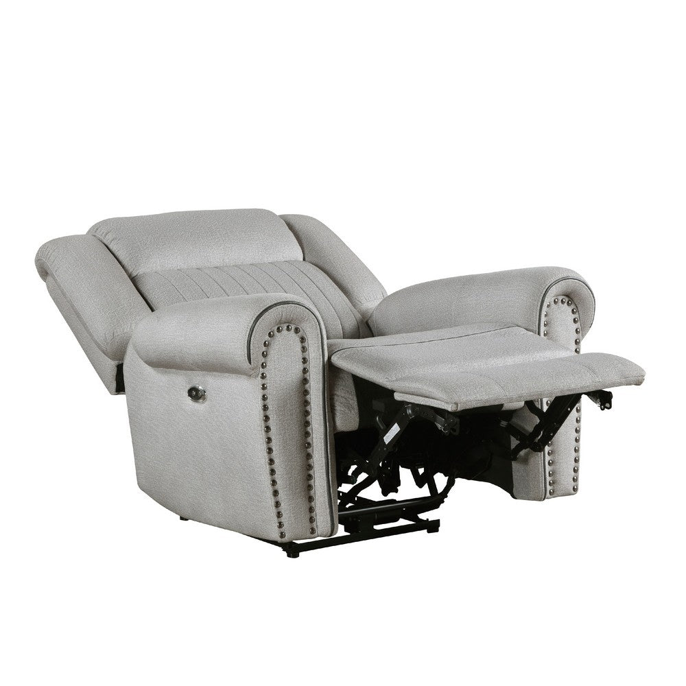 Benjara Ben Power Reclining Chair, 41 Inch, Gray Microfiber, Nailhead Trims
