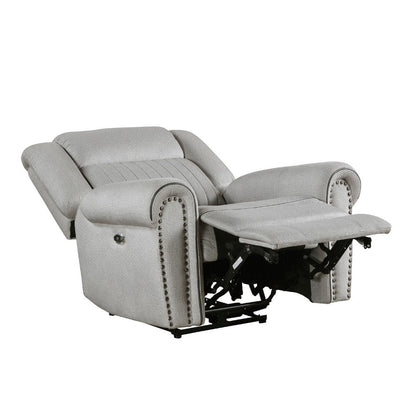 Benjara Ben Power Reclining Chair, 41 Inch, Gray Microfiber, Nailhead Trims