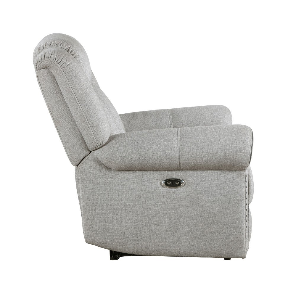 Benjara Ben Power Reclining Chair, 41 Inch, Gray Microfiber, Nailhead Trims