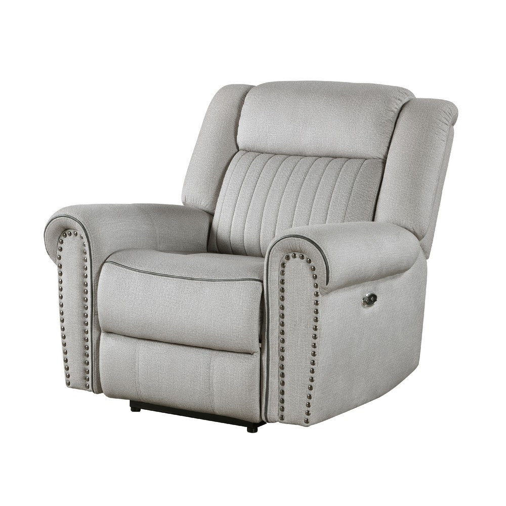 Benjara Ben Power Reclining Chair, 41 Inch, Gray Microfiber, Nailhead Trims