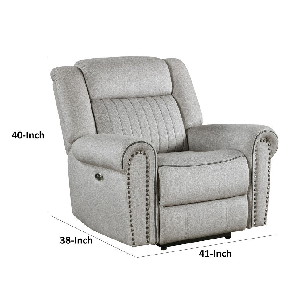 Benjara Ben Power Reclining Chair, 41 Inch, Gray Microfiber, Nailhead Trims