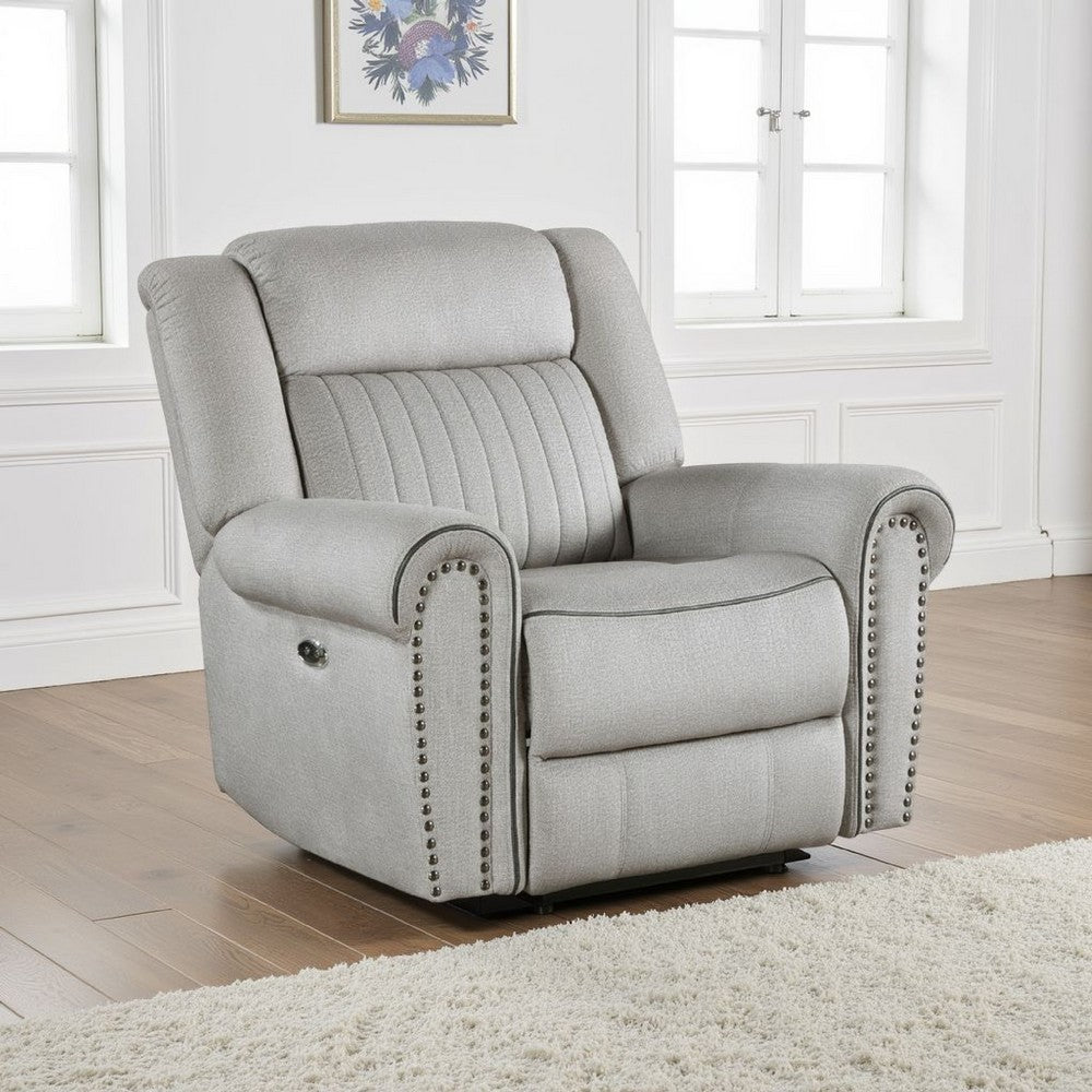 Benjara Ben Power Reclining Chair, 41 Inch, Gray Microfiber, Nailhead Trims