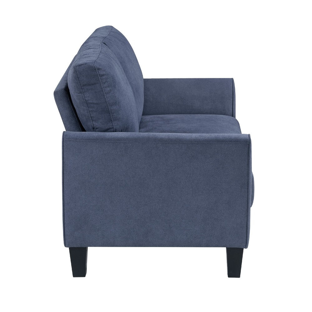 Benjara Xumo Loveseat, Blue Fabric, 56 Inch, Black Tapered Wood Legs