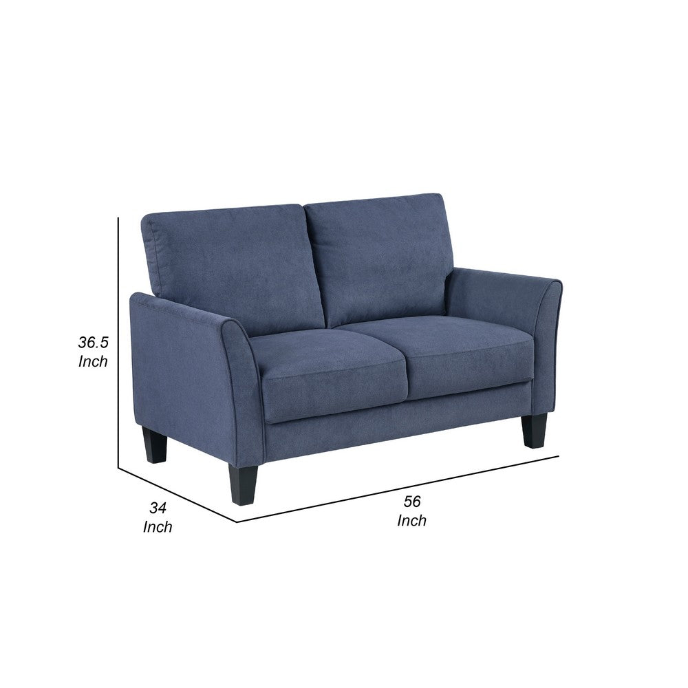 Benjara Xumo Loveseat, Blue Fabric, 56 Inch, Black Tapered Wood Legs