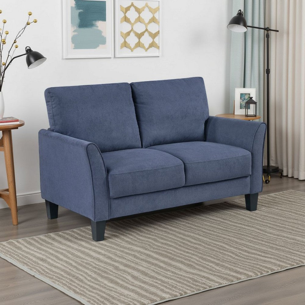 Benjara Xumo Loveseat, Blue Fabric, 56 Inch, Black Tapered Wood Legs