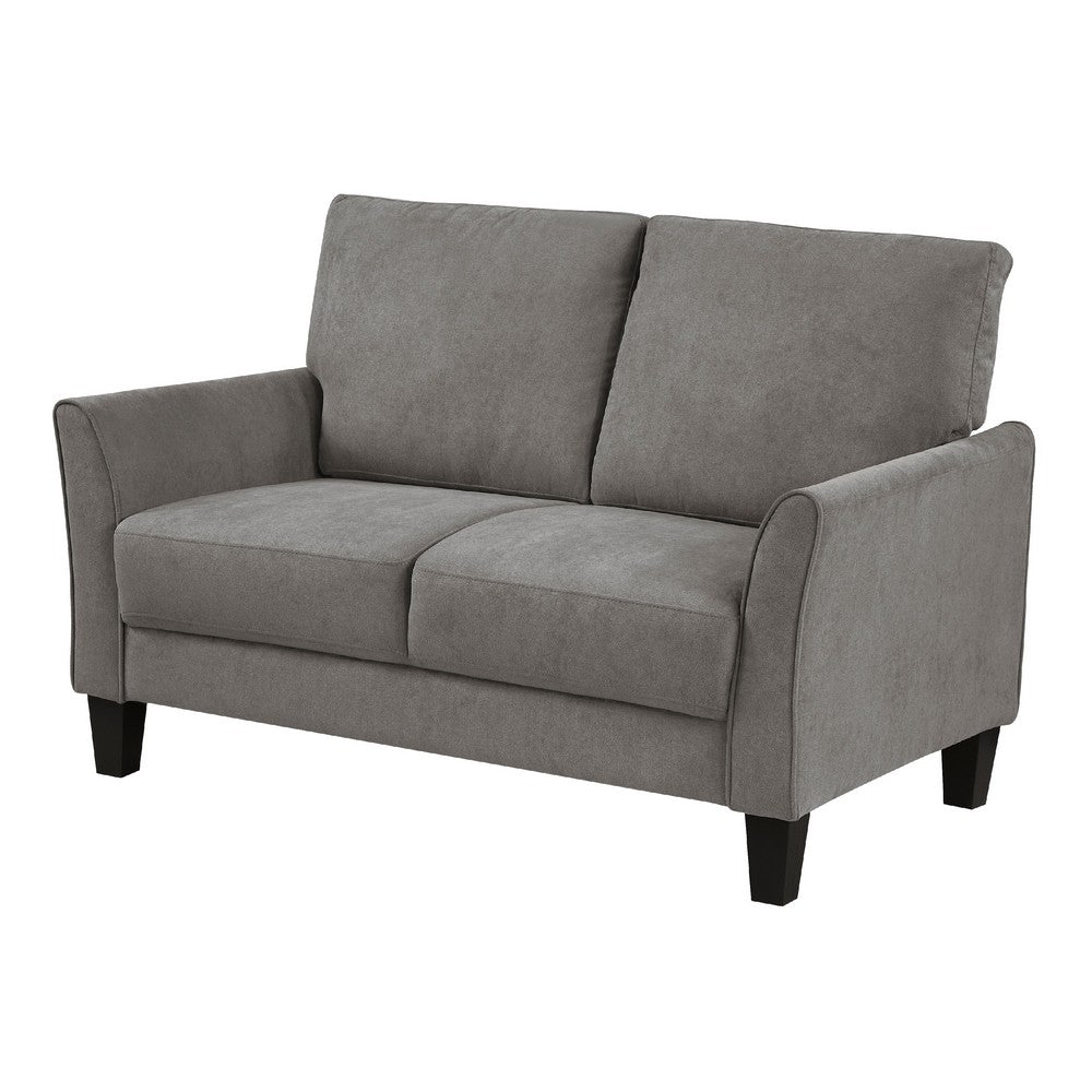Benjara Xumo Loveseat, Taupe Gray Fabric, 56 Inch, Black Tapered Wood Legs