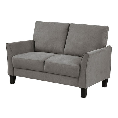 Benjara Xumo Loveseat, Taupe Gray Fabric, 56 Inch, Black Tapered Wood Legs