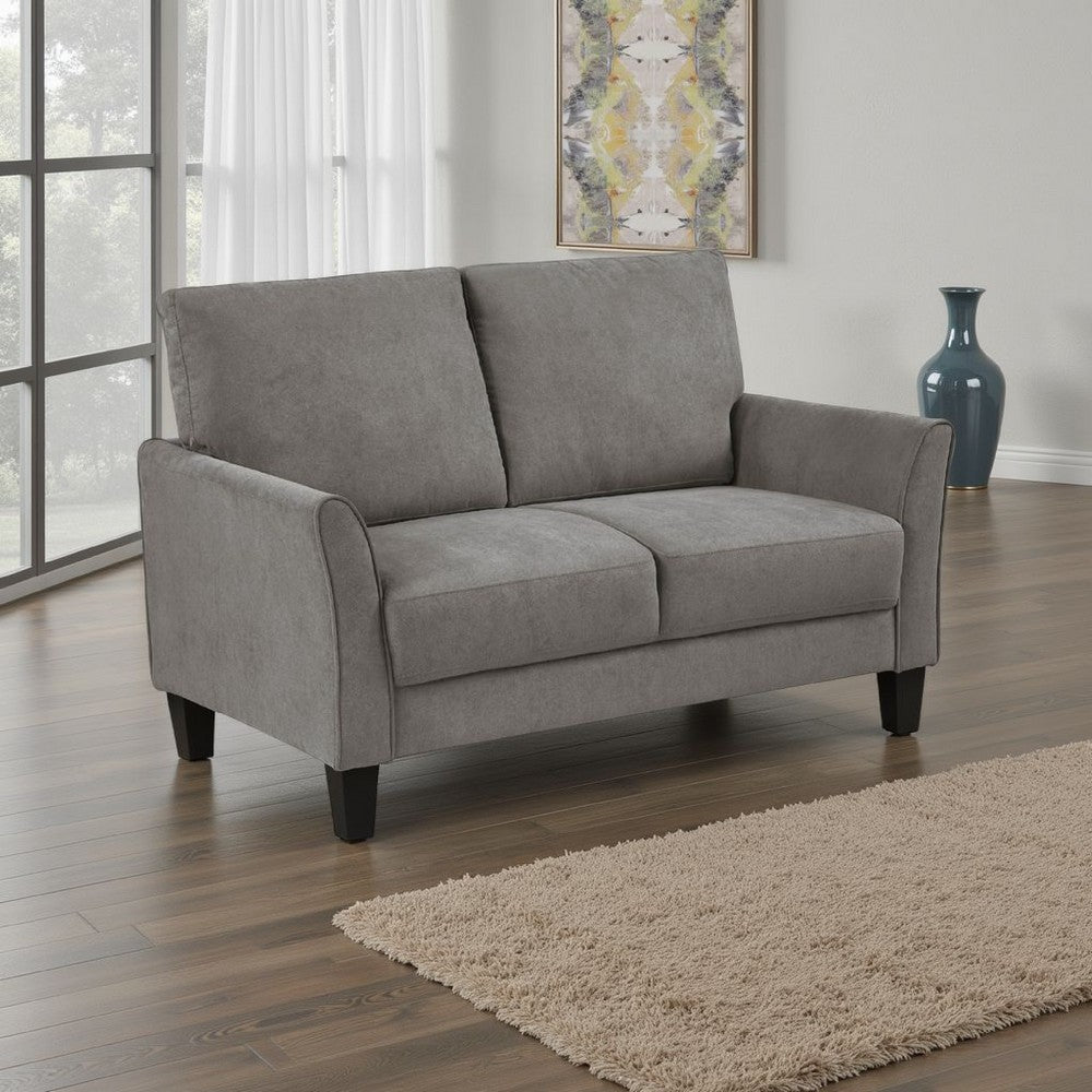Benjara Xumo Loveseat, Taupe Gray Fabric, 56 Inch, Black Tapered Wood Legs