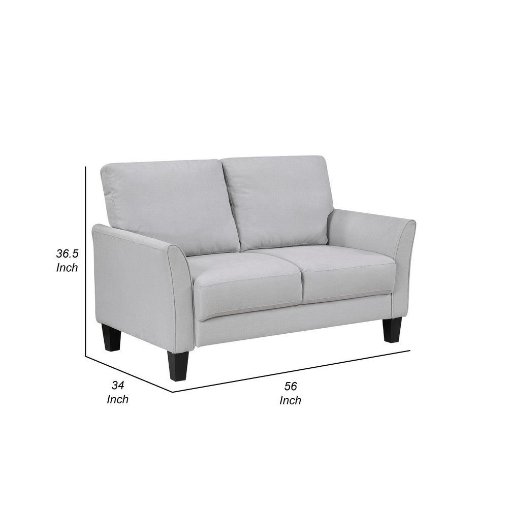 Benjara Xumo Loveseat, Light Gray Fabric, 56 Inch, Black Tapered Wood Legs