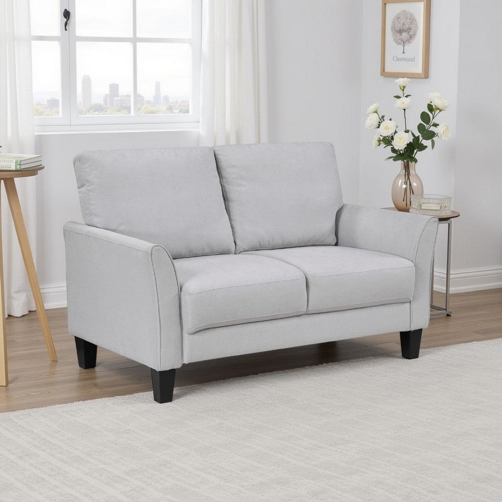 Benjara Xumo Loveseat, Light Gray Fabric, 56 Inch, Black Tapered Wood Legs