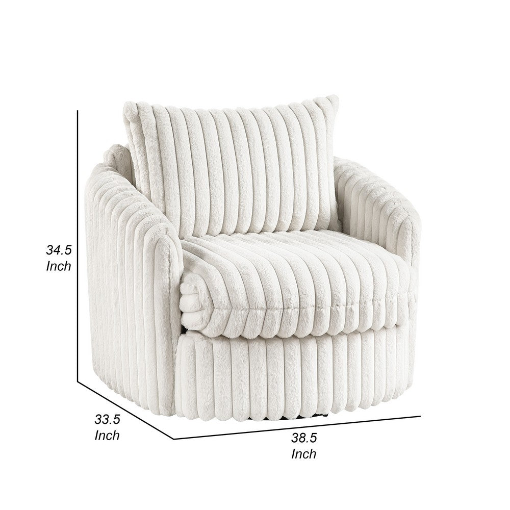 Benjara Goro Round Swivel Accent Chair, 39 Inch, Beige Corduroy, Solid Wood