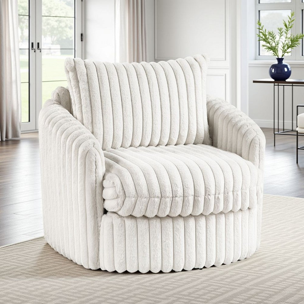 Benjara Goro Round Swivel Accent Chair, 39 Inch, Beige Corduroy, Solid Wood