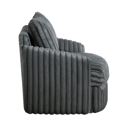 Benjara Goro Round Swivel Accent Chair, 39 Inch, Gray Corduroy, Solid Wood