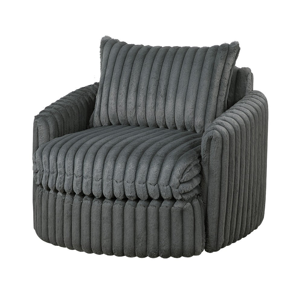 Benjara Goro Round Swivel Accent Chair, 39 Inch, Gray Corduroy, Solid Wood