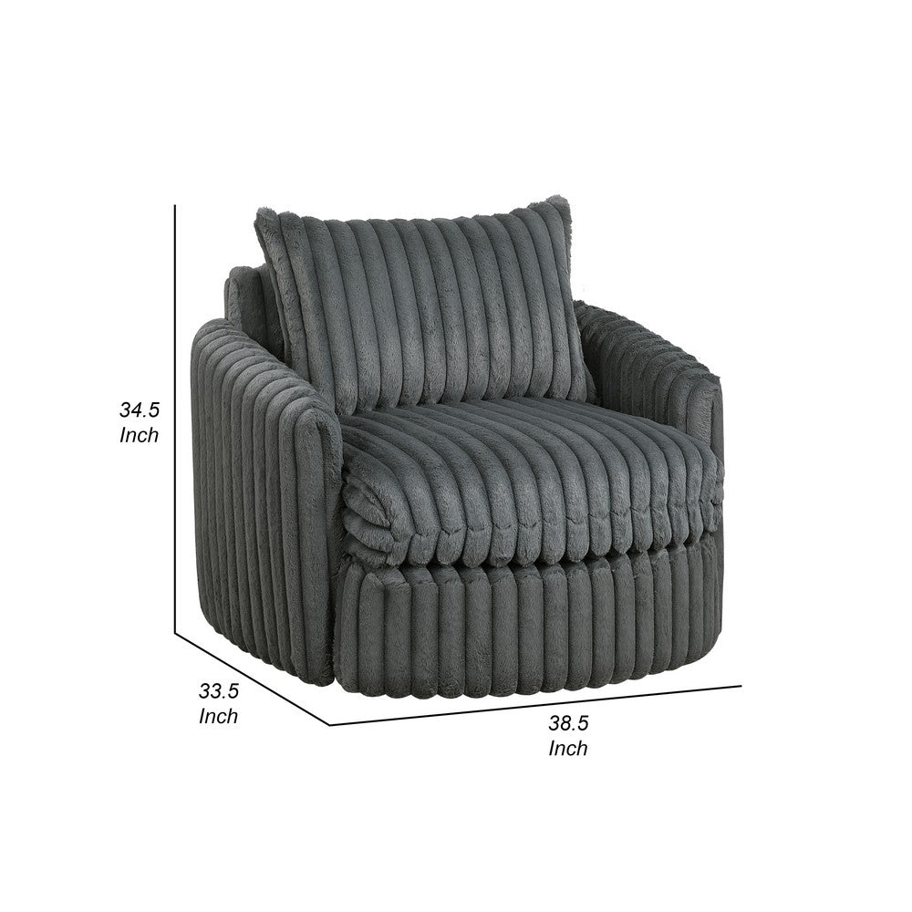 Benjara Goro Round Swivel Accent Chair, 39 Inch, Gray Corduroy, Solid Wood