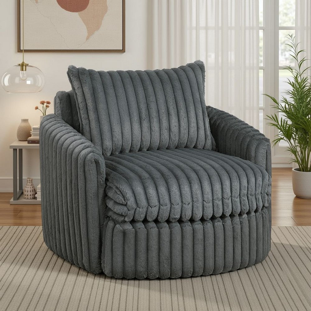 Benjara Goro Round Swivel Accent Chair, 39 Inch, Gray Corduroy, Solid Wood