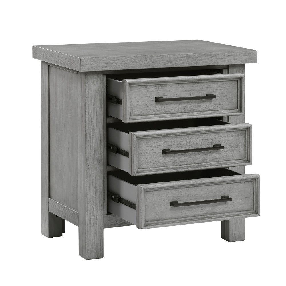 Benjara Daisy Nightstand, Gray Mango Veneer, 3 Drawers, Bronze Metal Knobs