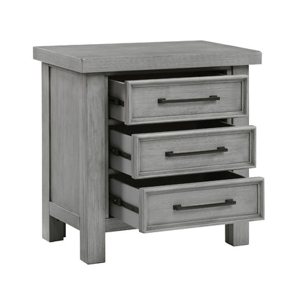 Benjara Daisy Nightstand, Gray Mango Veneer, 3 Drawers, Bronze Metal Knobs