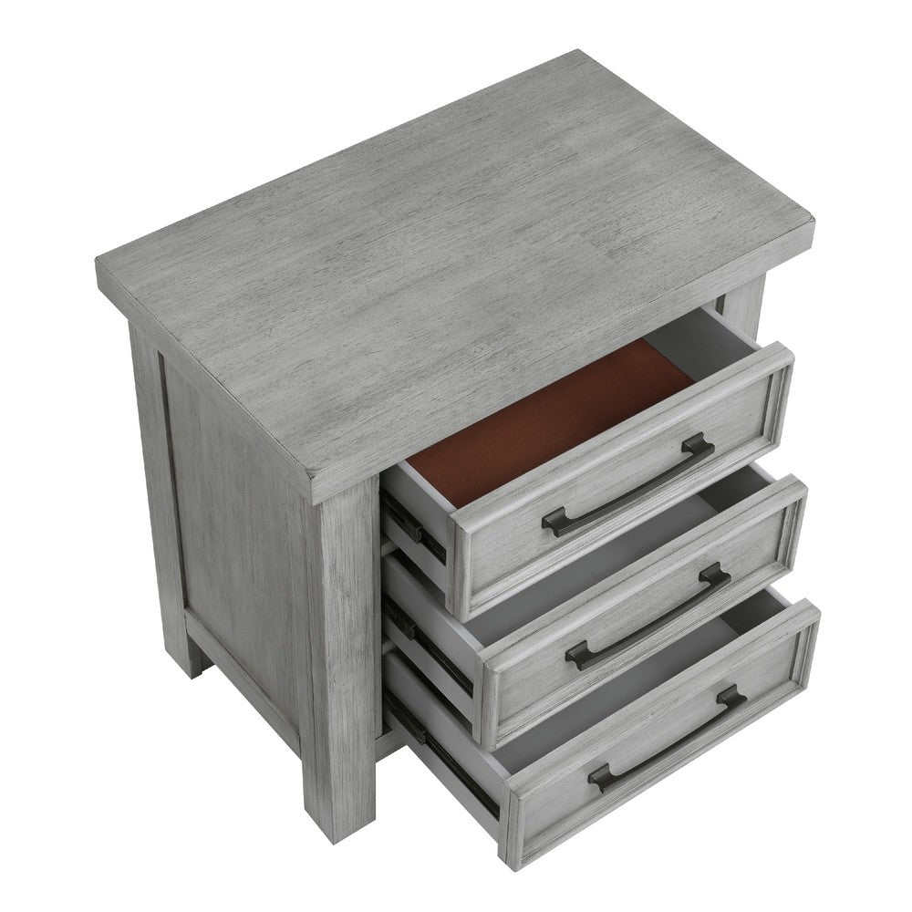 Benjara Daisy Nightstand, Gray Mango Veneer, 3 Drawers, Bronze Metal Knobs