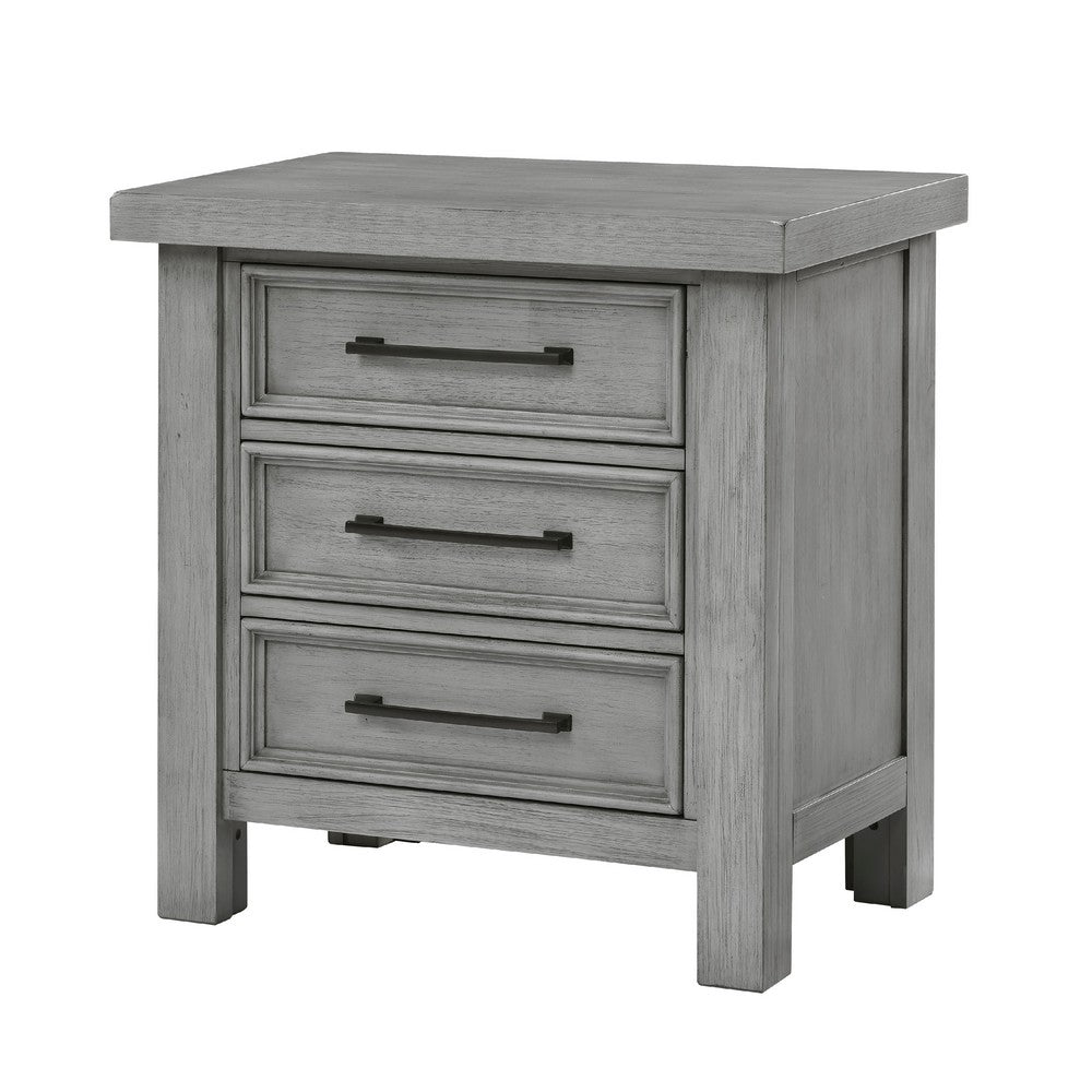 Benjara Daisy Nightstand, Gray Mango Veneer, 3 Drawers, Bronze Metal Knobs