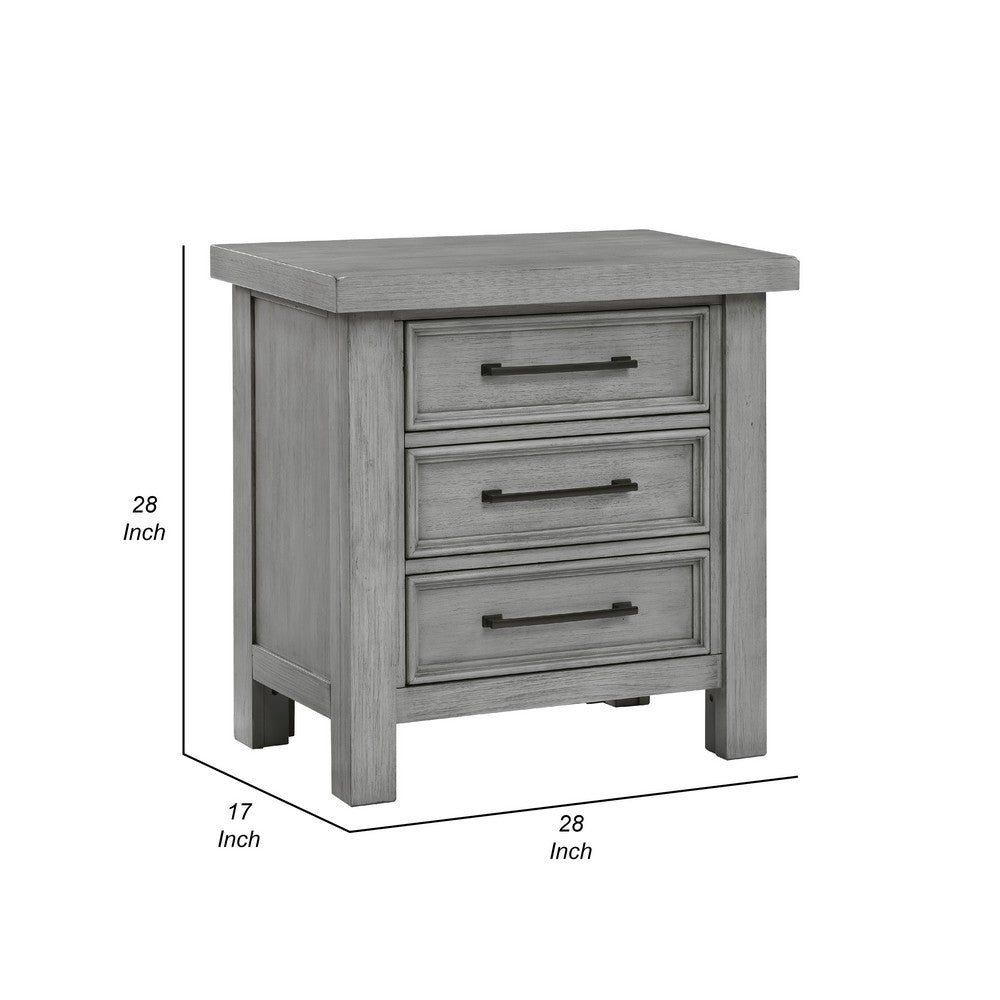 Benjara Daisy Nightstand, Gray Mango Veneer, 3 Drawers, Bronze Metal Knobs