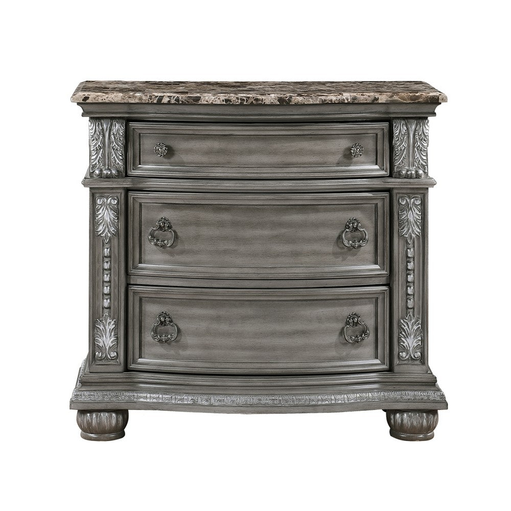 Benjara Toga 3 Drawer Nightstand, Gray Acacia Wood Carved Details, 35 Inch