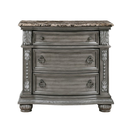 Benjara Toga 3 Drawer Nightstand, Gray Acacia Wood Carved Details, 35 Inch