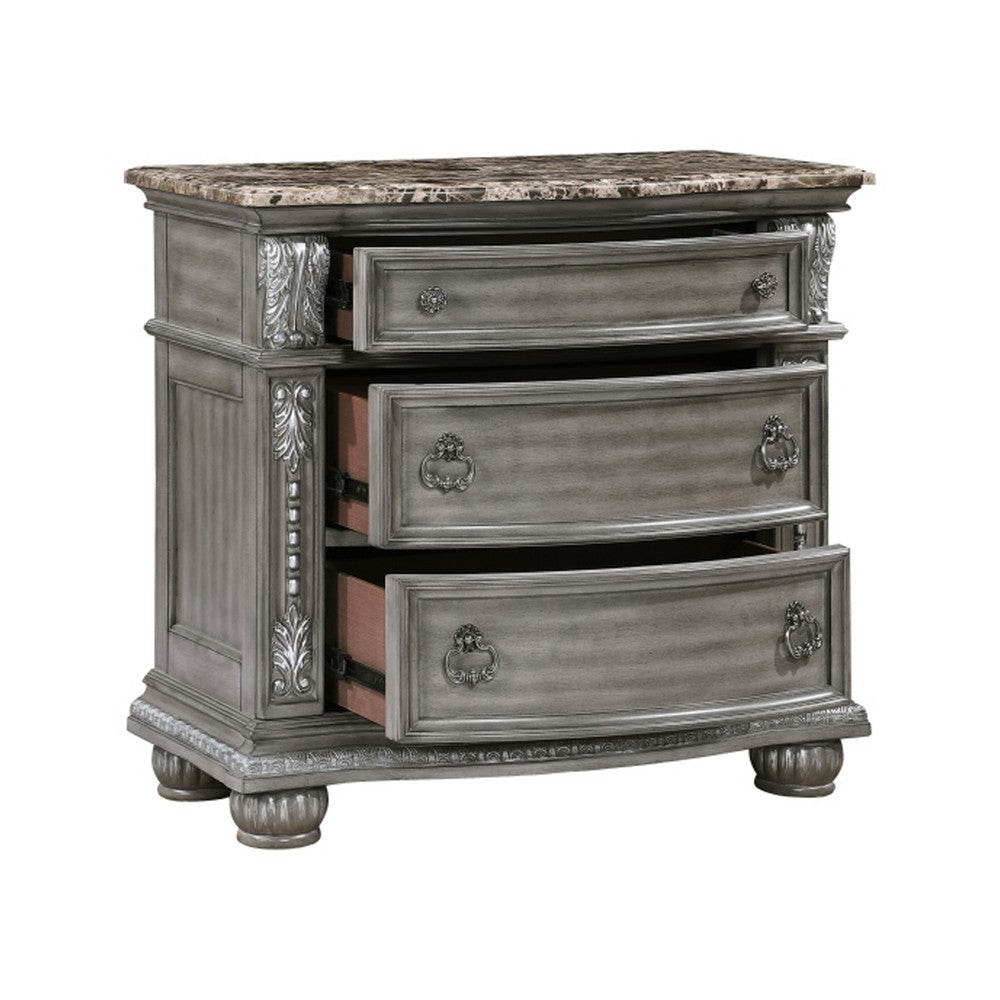 Benjara Toga 3 Drawer Nightstand, Gray Acacia Wood Carved Details, 35 Inch
