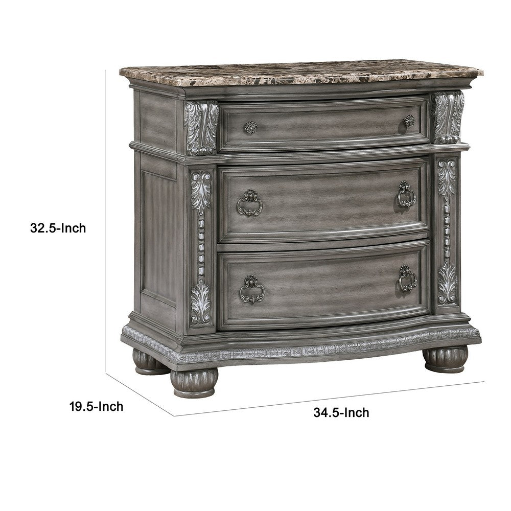 Benjara Toga 3 Drawer Nightstand, Gray Acacia Wood Carved Details, 35 Inch