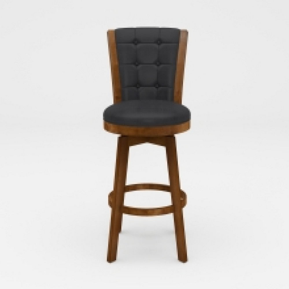 Benjara Core Set of 2 Swivel Barstool Chairs, Brown Wood, Black Faux Leather