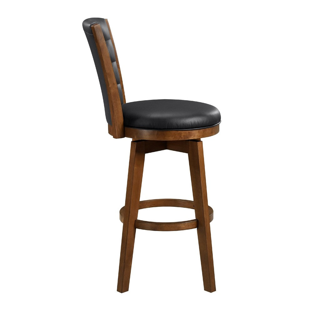 Benjara Core Set of 2 Swivel Barstool Chairs, Brown Wood, Black Faux Leather