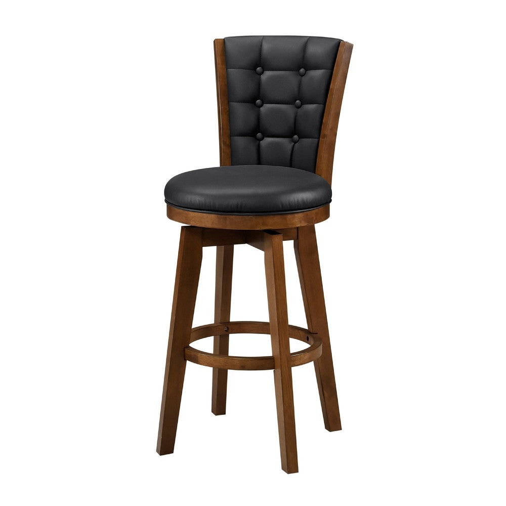 Benjara Core Set of 2 Swivel Barstool Chairs, Brown Wood, Black Faux Leather
