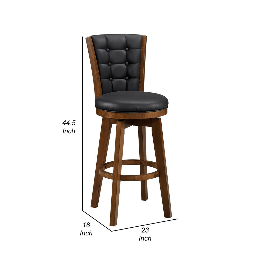 Benjara Core Set of 2 Swivel Barstool Chairs, Brown Wood, Black Faux Leather