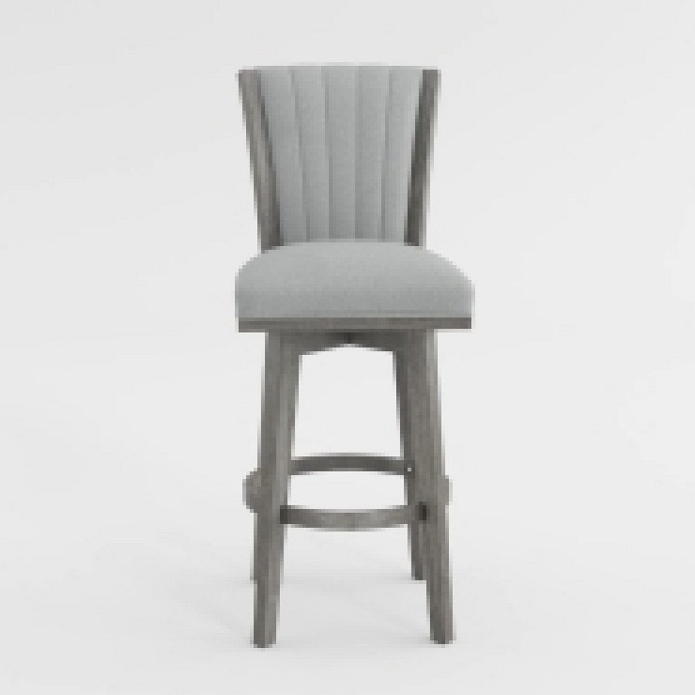 Benjara Core Set of 2 Swivel Barstool Chairs, Gray Wood, Channeled Velvet