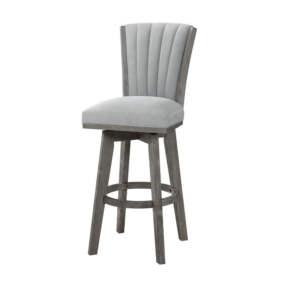 Benjara Core Set of 2 Swivel Barstool Chairs, Gray Wood, Channeled Velvet