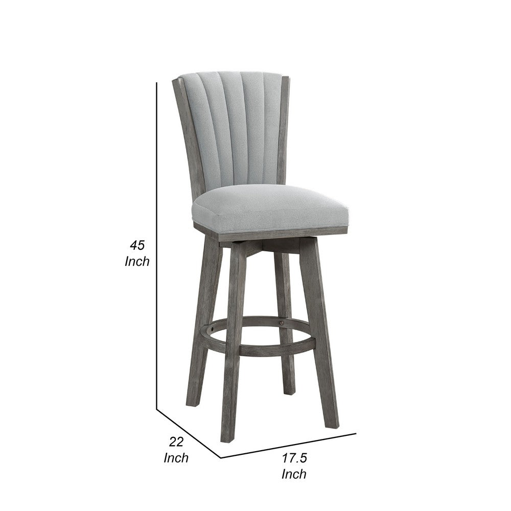 Benjara Core Set of 2 Swivel Barstool Chairs, Gray Wood, Channeled Velvet