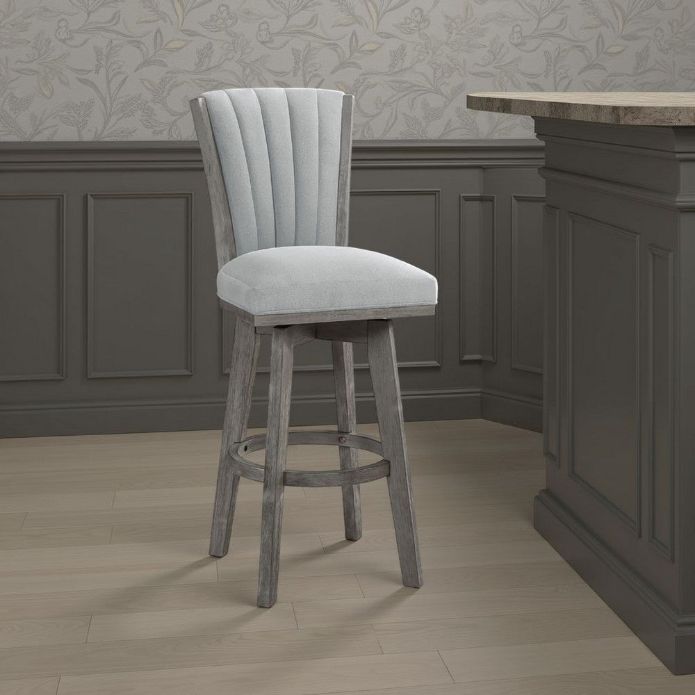 Benjara Core Set of 2 Swivel Barstool Chairs, Gray Wood, Channeled Velvet