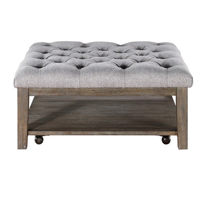 Benjara Bori Coffee Table Ottoman, 39 Inch Button Tufted Gray, Brown Wood