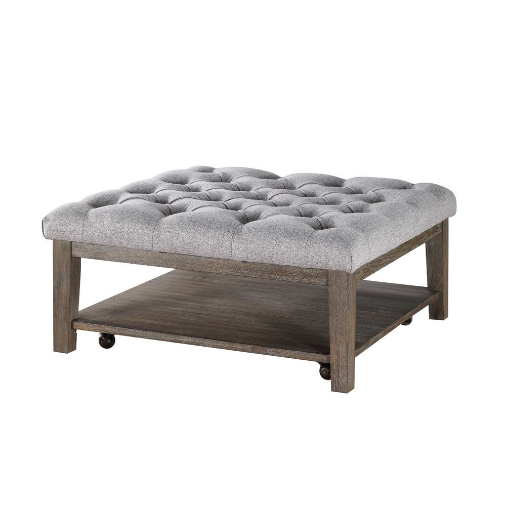 Benjara Bori Coffee Table Ottoman, 39 Inch Button Tufted Gray, Brown Wood