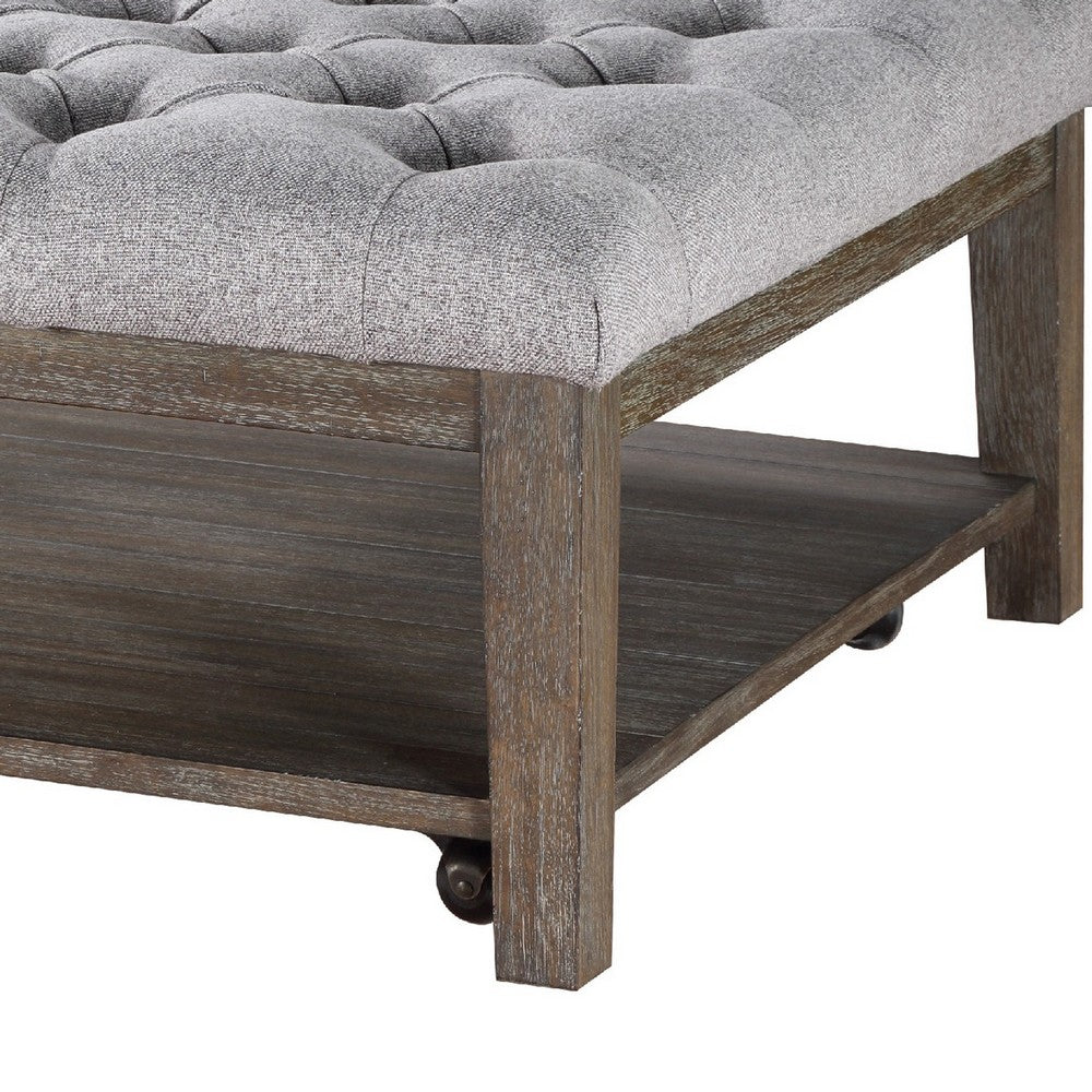 Benjara Bori Coffee Table Ottoman, 39 Inch Button Tufted Gray, Brown Wood