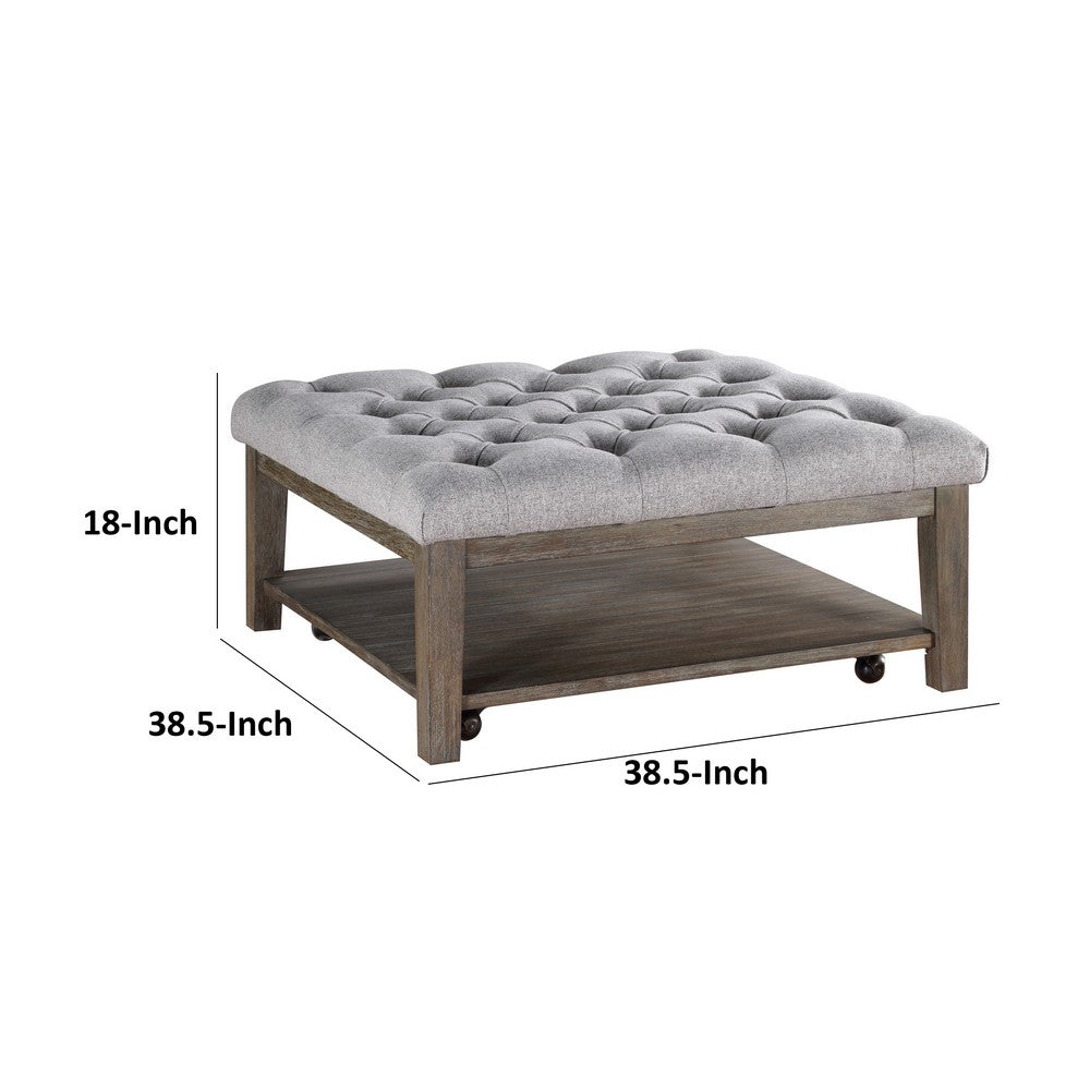 Benjara Bori Coffee Table Ottoman, 39 Inch Button Tufted Gray, Brown Wood