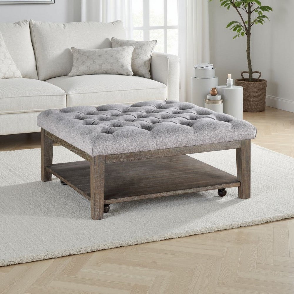 Benjara Bori Coffee Table Ottoman, 39 Inch Button Tufted Gray, Brown Wood