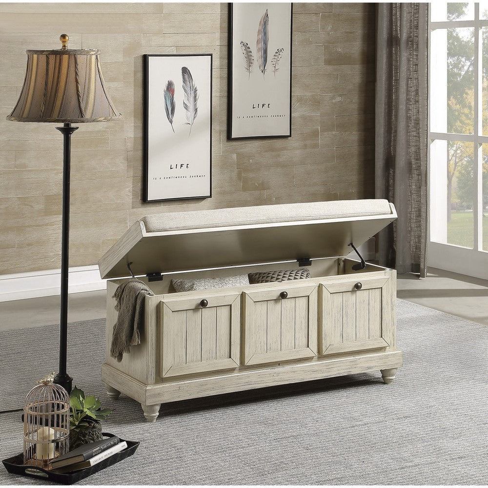 Benjara Wali 44 Inch Bench with Lift Top Storage, Cushioned Seat Antique White