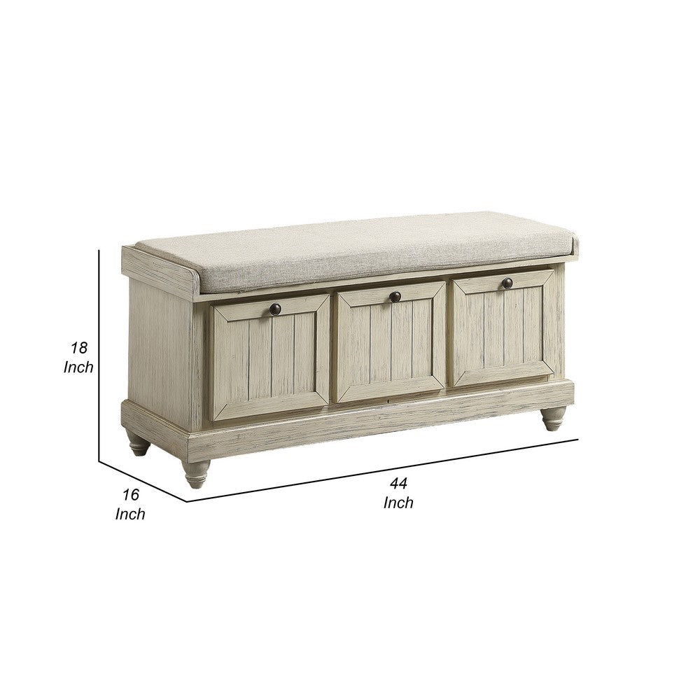 Benjara Wali 44 Inch Bench with Lift Top Storage, Cushioned Seat Antique White
